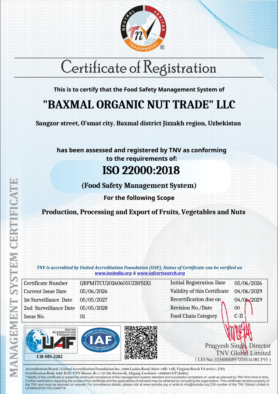 ISO 22000:2018 certificate